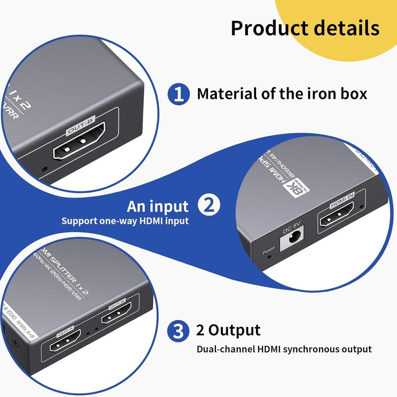 Ouluoa 8K HDMI Splitter 1 in 2 Out (Not Extended Display), Mirror Only, 4K@120Hz HDMI 2.1 Splitter for Monitor, TV, Support HDCP2.3, 48Gbps, Compatible with 4K & 1080P High-Definition Video - Image 4